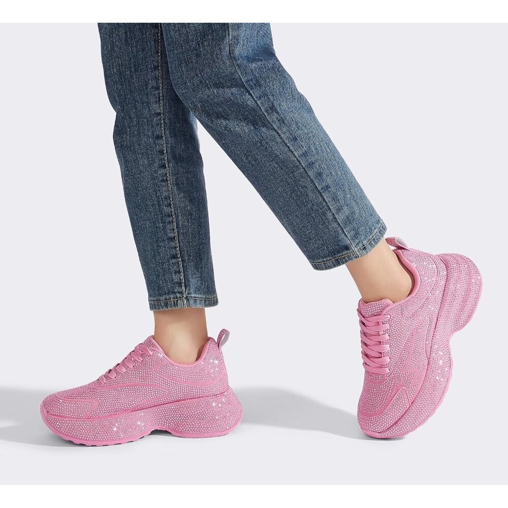 Women's Rhinestone Pink Chunky Sparkly Casual Shiny Sneakers Shoes Footwear - Picture 8 of 9